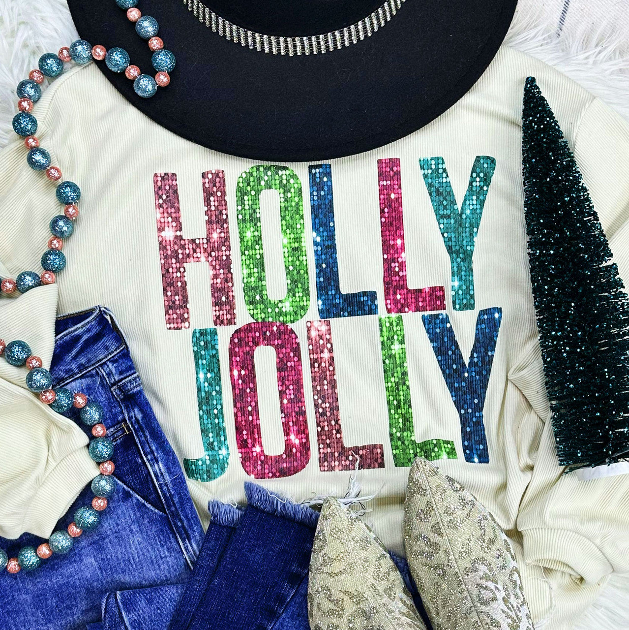 Holly Jolly Faux Sequin CREAM RIBBED CREWNECK