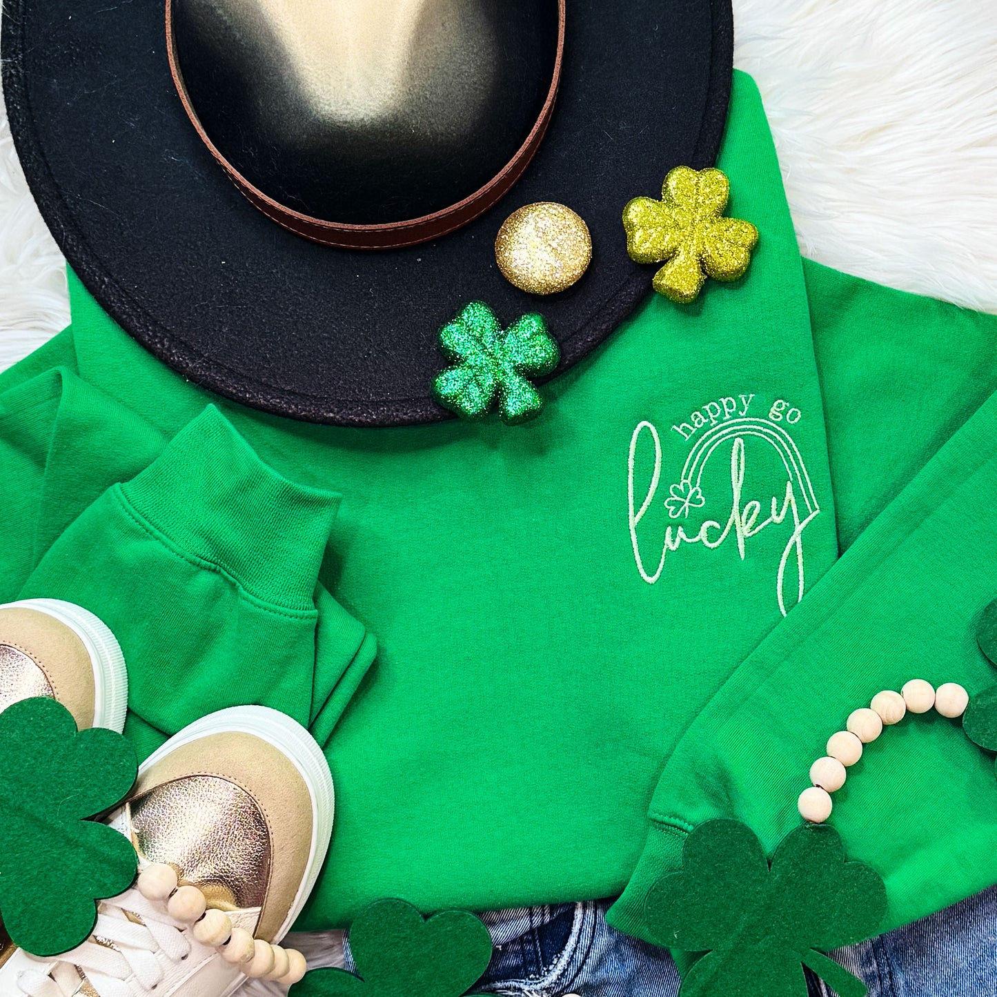 Happy Go Lucky EMBROIDERED Crewneck Sweatshirt