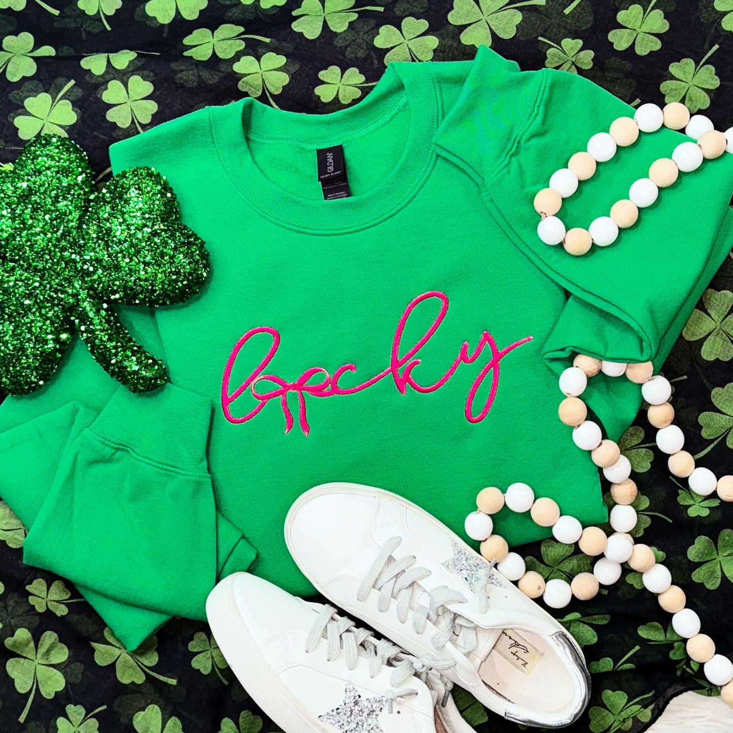Lucky Bow EMBROIDERED Green Crewneck Sweatshirt
