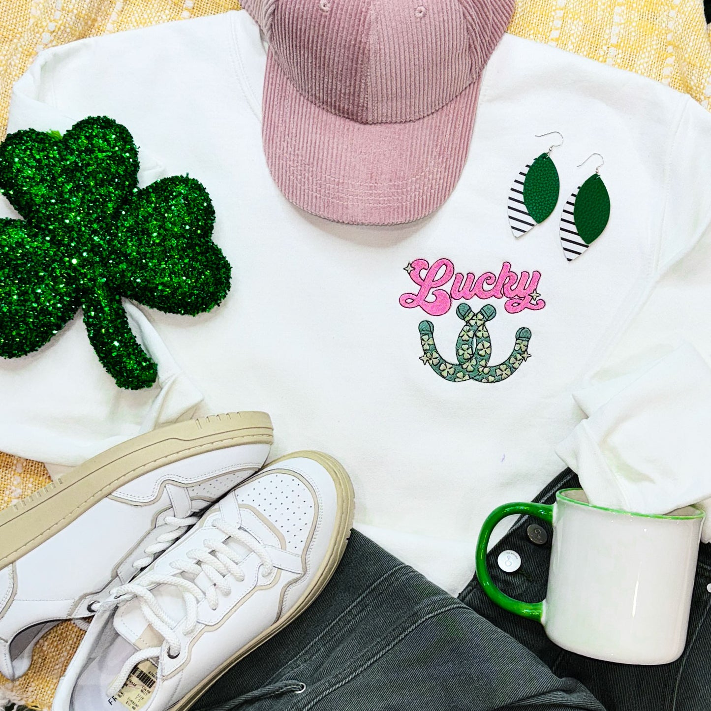 Lucky Horseshoes EMBROIDERED White Crewneck Sweatshirt