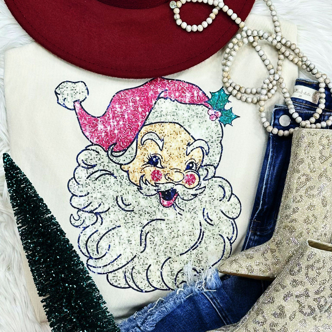 Santa Faux Sequin CREAM RIBBED CREWNECK