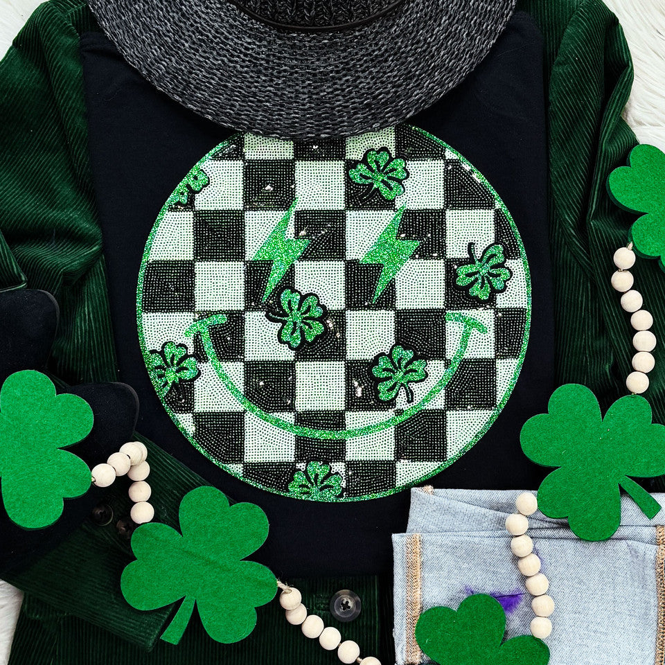 SEQUIN Checkered Happy Face with Shamrocks