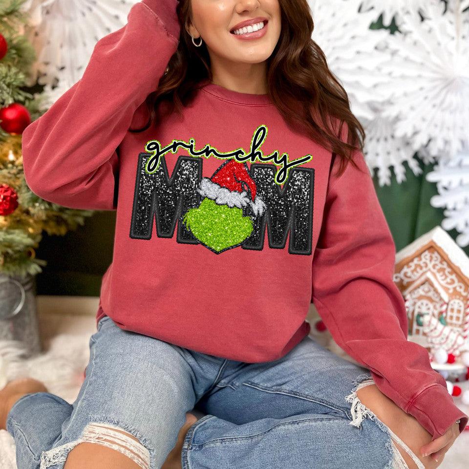 Green Guy Mom - Faux Embroider & Glitter Effect