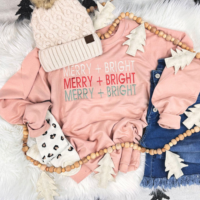 EMBROIDERED Merry & Bright Pink Crewneck