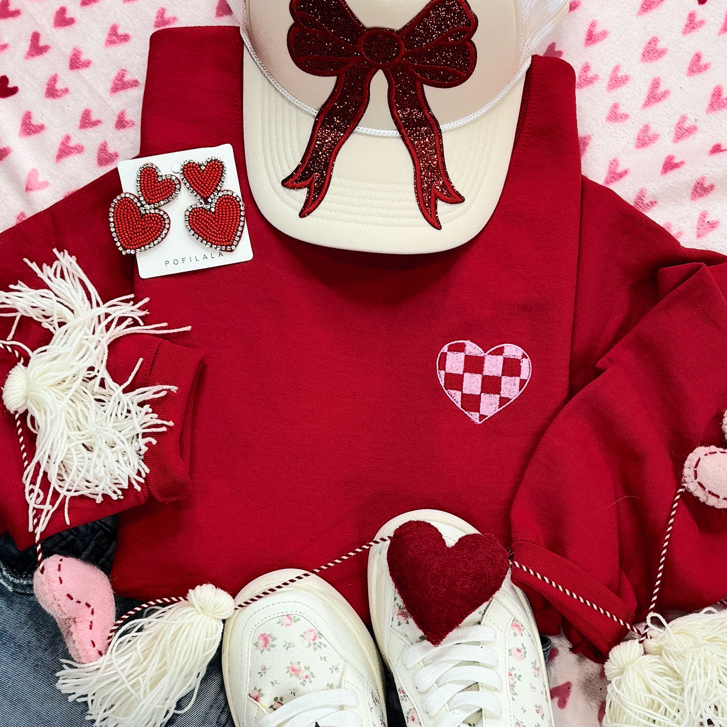 EMBROIDERED Checkered Pocket Heart Sweatshirt