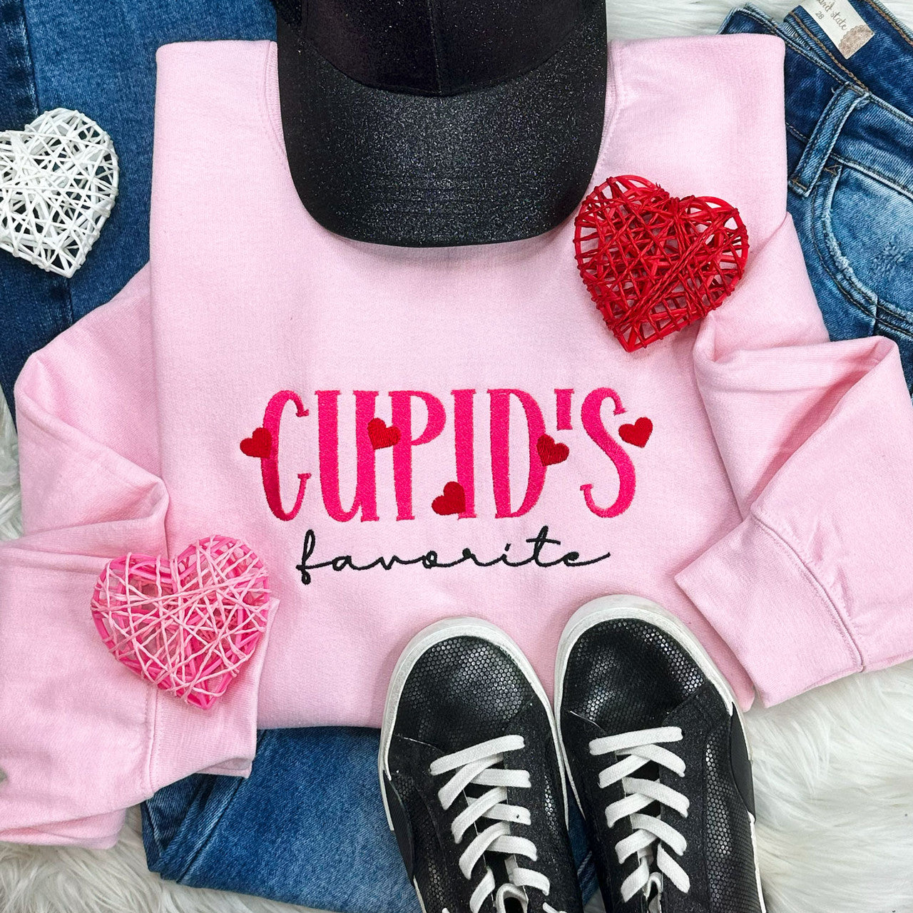 EMBROIDERED Pink Cupid's Favorite Crewneck Sweatshirt