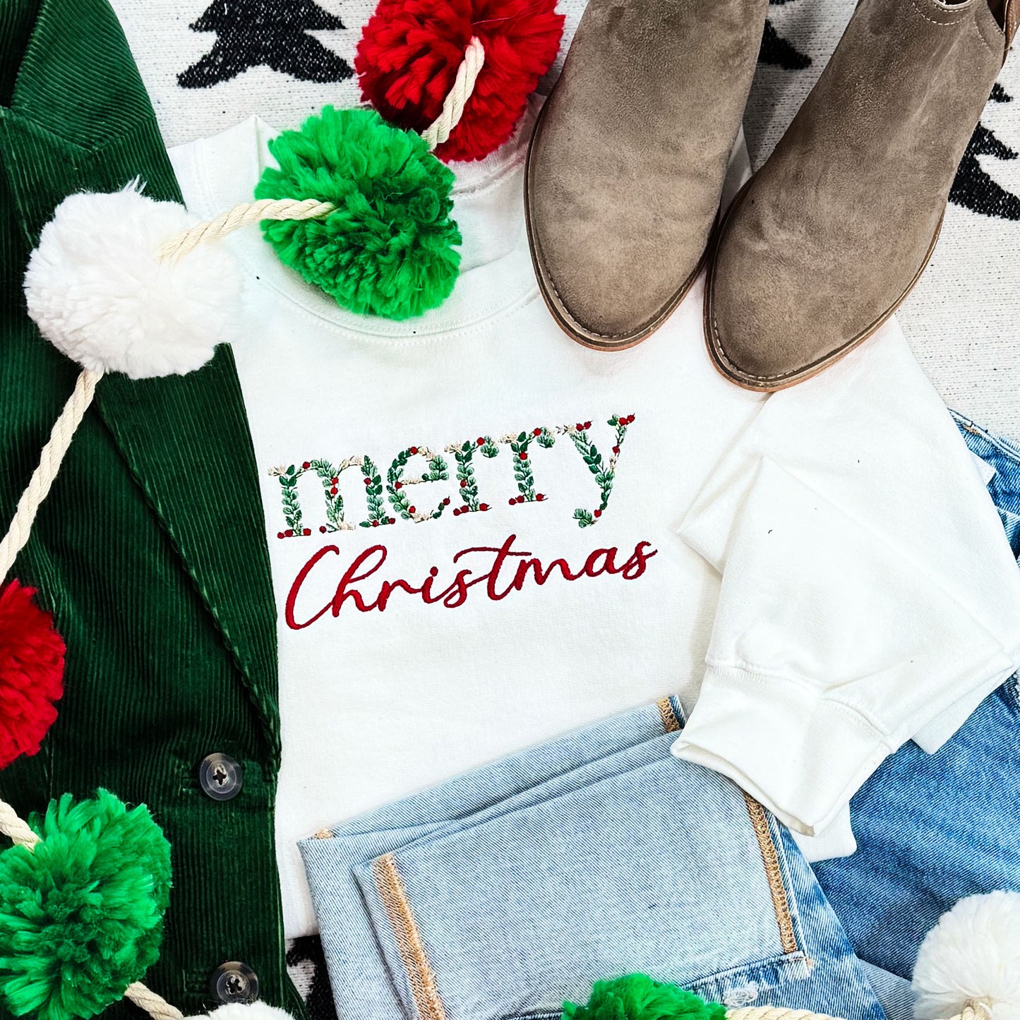 EMBROIDERED Floral Garland Merry Christmas