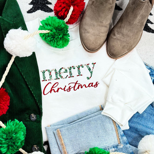 EMBROIDERED Floral Garland Merry Christmas