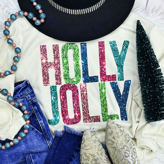 Holly Jolly Faux Sequin CREAM RIBBED CREWNECK