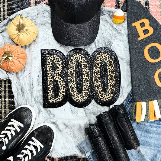 Boo Leopard Black Glitter on Smoke Tee