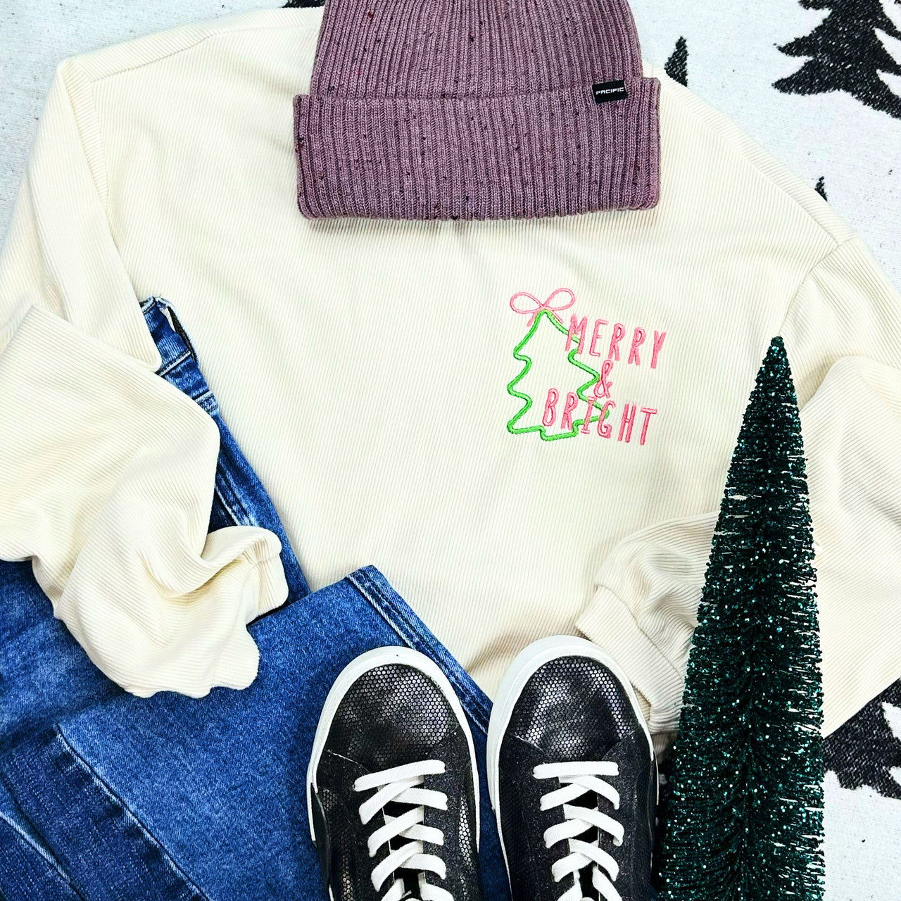 EMBROIDERED Merry & Bright Soft Cream Ribbed Crew