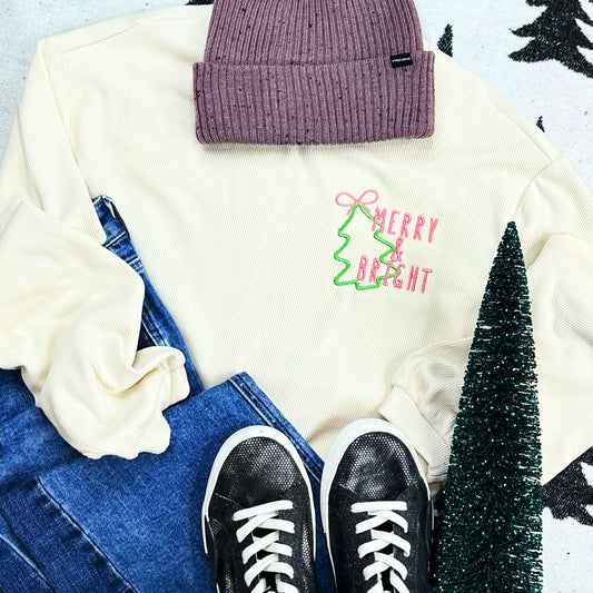 EMBROIDERED Merry & Bright Soft Cream Ribbed Crew