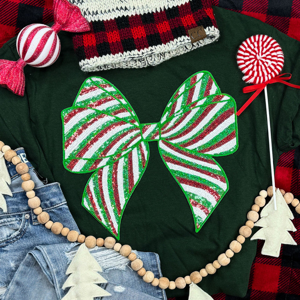 SEQUIN Red and Green Stripe Bow