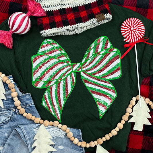 SEQUIN Red and Green Stripe Bow
