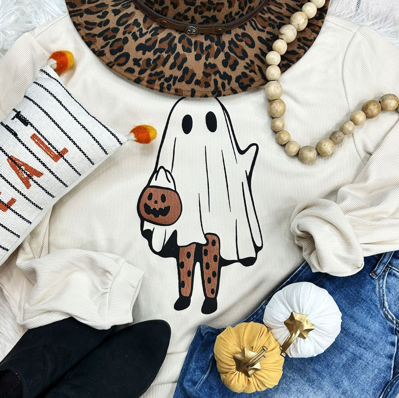 Pumpkin Bucket CREAM RIBBED CREWNECK