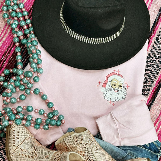 EMBROIDERED Pocket Santa Pink Sweatshirt