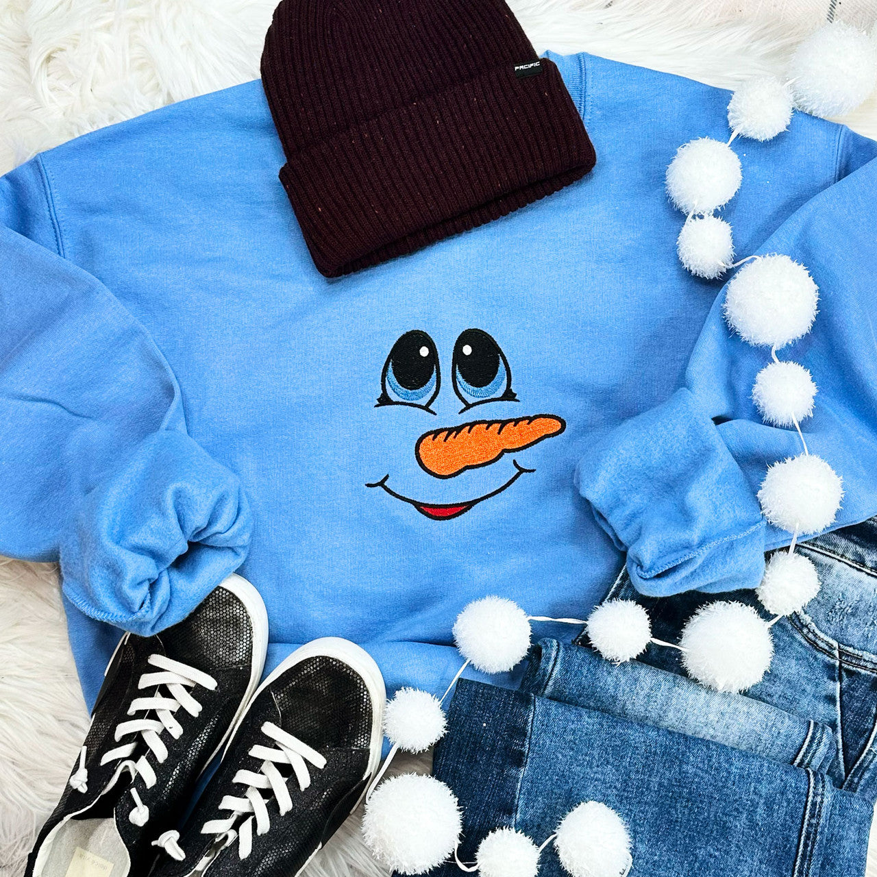 EMBROIDERED Blue Snowman Face Crewneck Sweatshirt