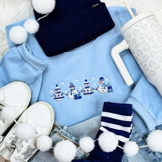 EMBROIDERED Snowmen Blue Crewneck