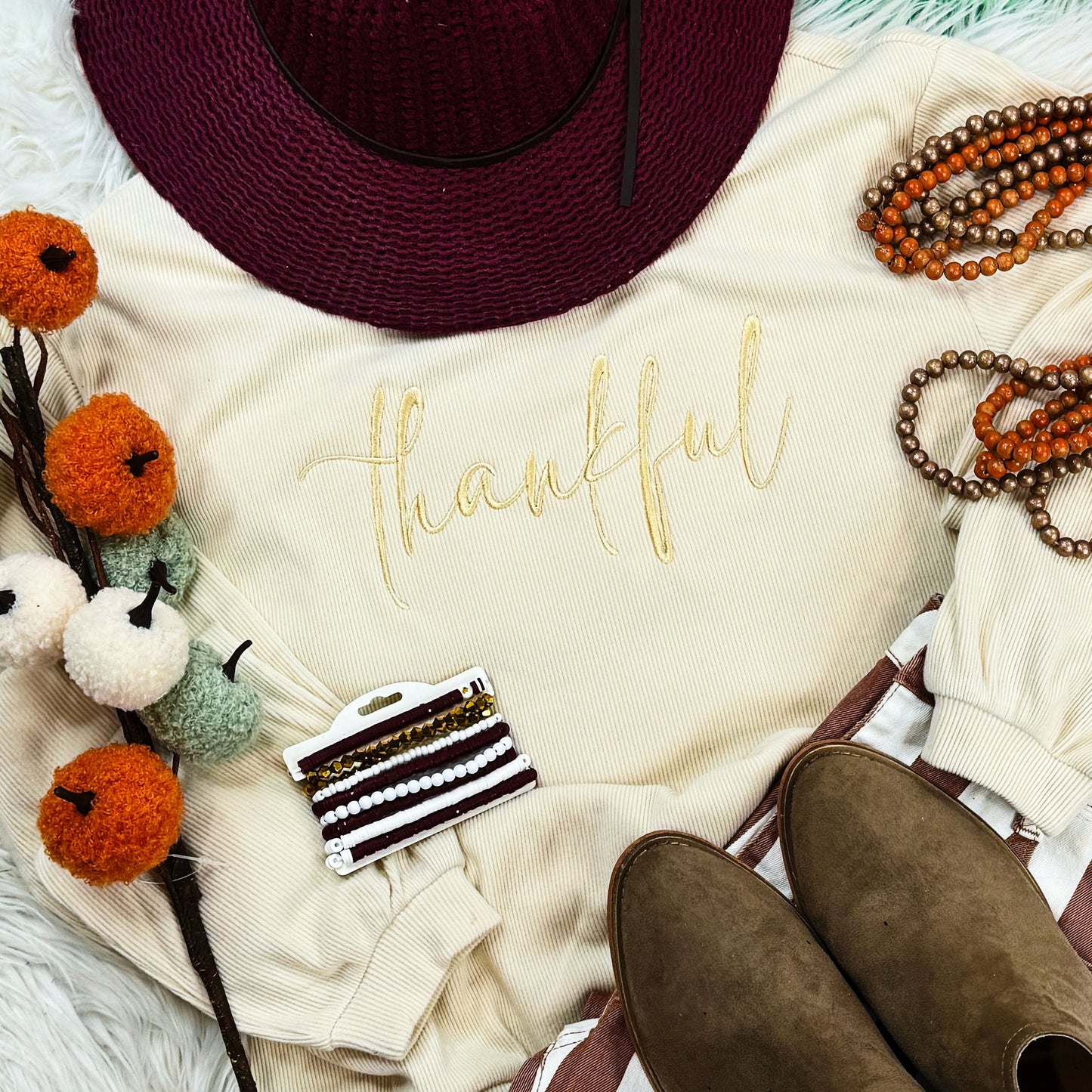 EMBROIDERED Thankful Soft Cream Ribbed Crewneck