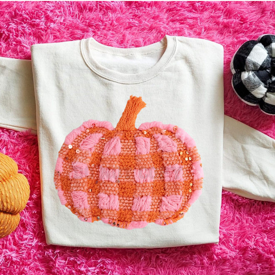 Faux Yarn Pink & Orange Gingham Pumpkin