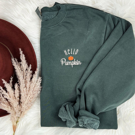 EMBROIDERED Hello Pumpkin Green Crewneck Sweatshirt