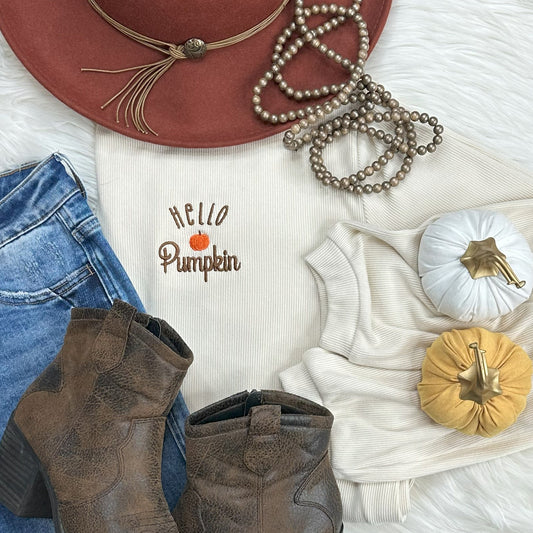 EMBROIDERED Hello Pumpkin Soft Cream Ribbed Crew