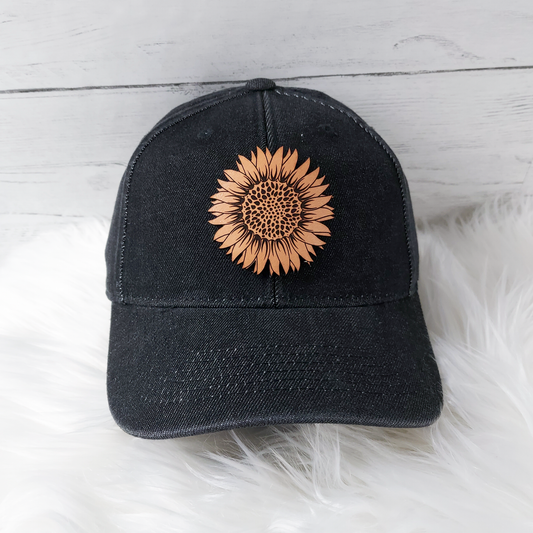 Leather Sunflower Black Denim Hat